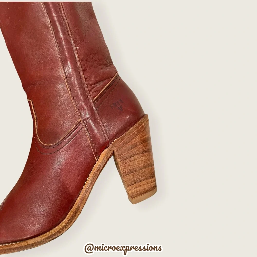 1990’s Frye Vintage Leather Pull On Red Cognac Heeled Cowboy Western Cute Bootie